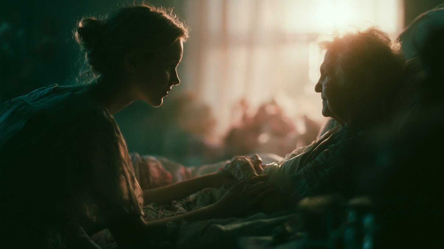 A nurse kneeling at a resident's bedside, holding hands in warm window light