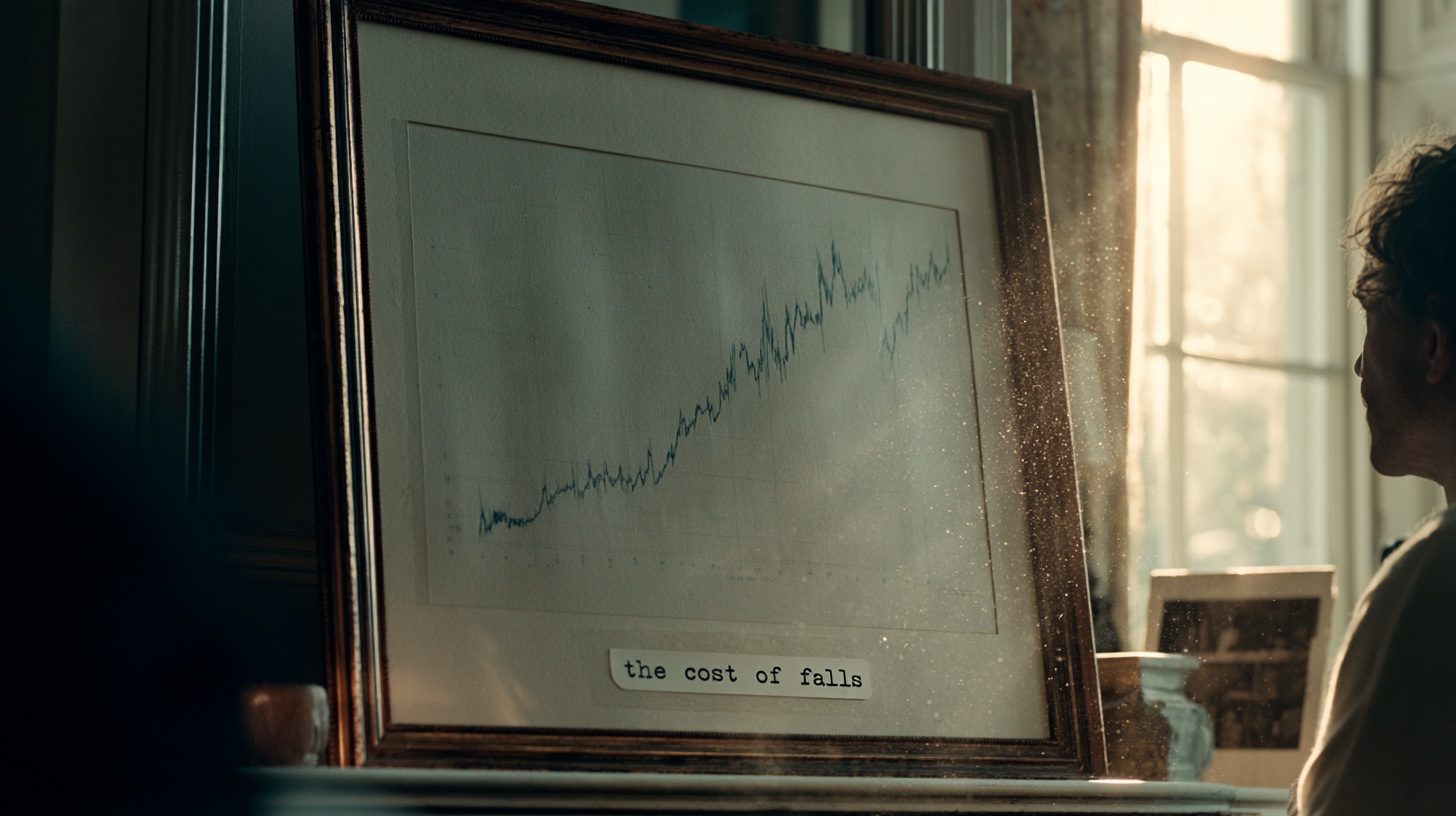 A framed line chart labeled 'the cost of falls' rising over time, lit by soft window light, with an older person looking on